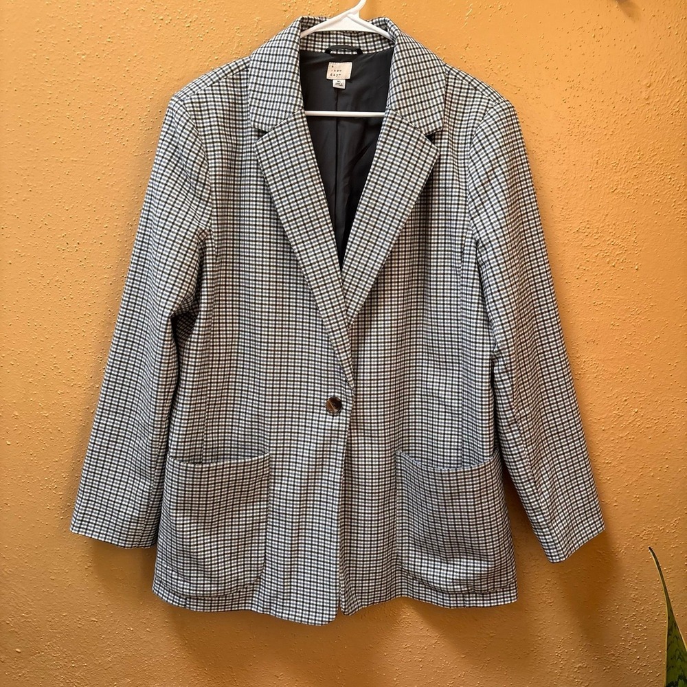 A New Day Womens Plaid Single Button Blazer Jacket XL Black White Blue VN1111626